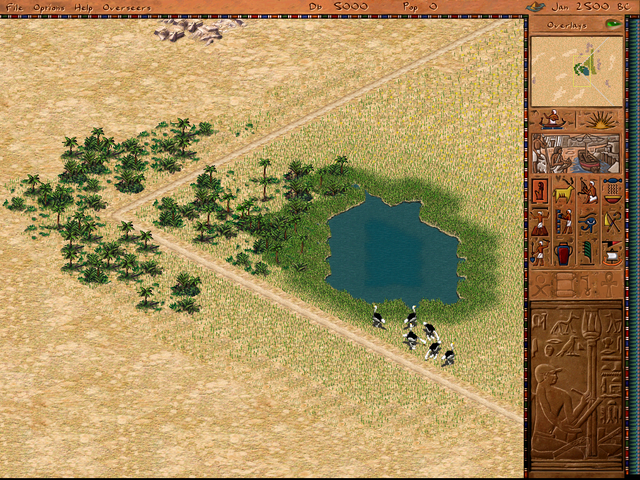 A screenshot from the game 'Pharoah' where a small oasis surrounded by vegatation and game (ostriches) are shown.