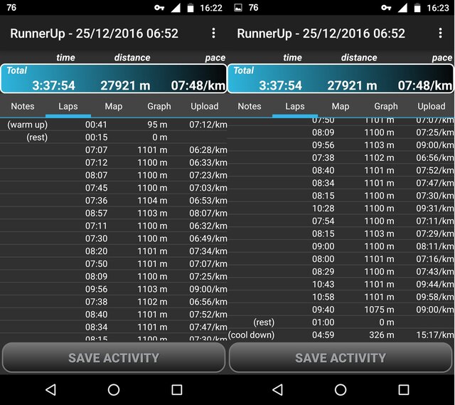 Screenshot from Runnerup app, showing time taken for every 1km with a summary in the top. Two screenshots cobbled together.