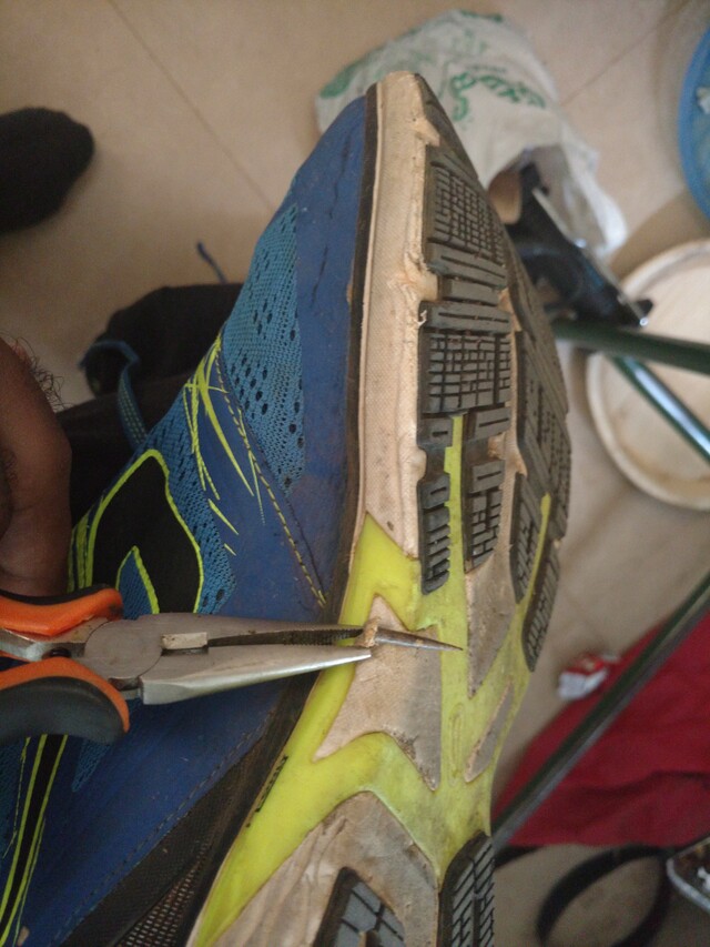 My kalenji shoe, showing its sides and sole. Also a thorn that was extracted from it after running