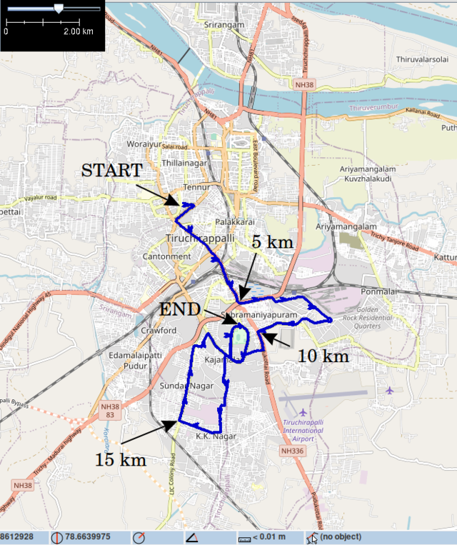Screenshot from openstreetmaps, showing the running route of my half marathon around the city of Tiruchirappalli.