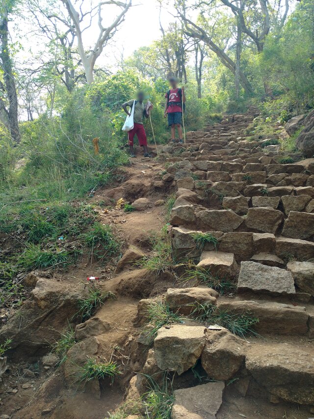 Picture showing a steep flight of stone steps with two of my friends (face blurred out)